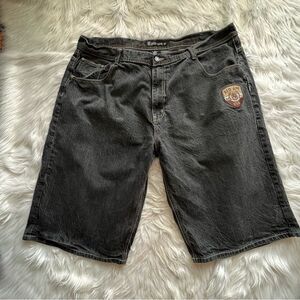 Y2K baggy jean shorts jorts 48x15 embroidered skater cyber grunge hip hop Black